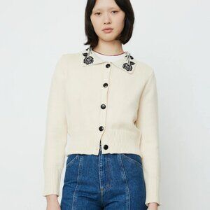 Lisa Says Gah Cream Button-Up Cardigan with Black Embroidered Collar